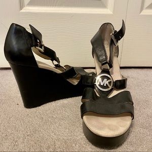 Michael Kors Black Open Toe Leather Wedges